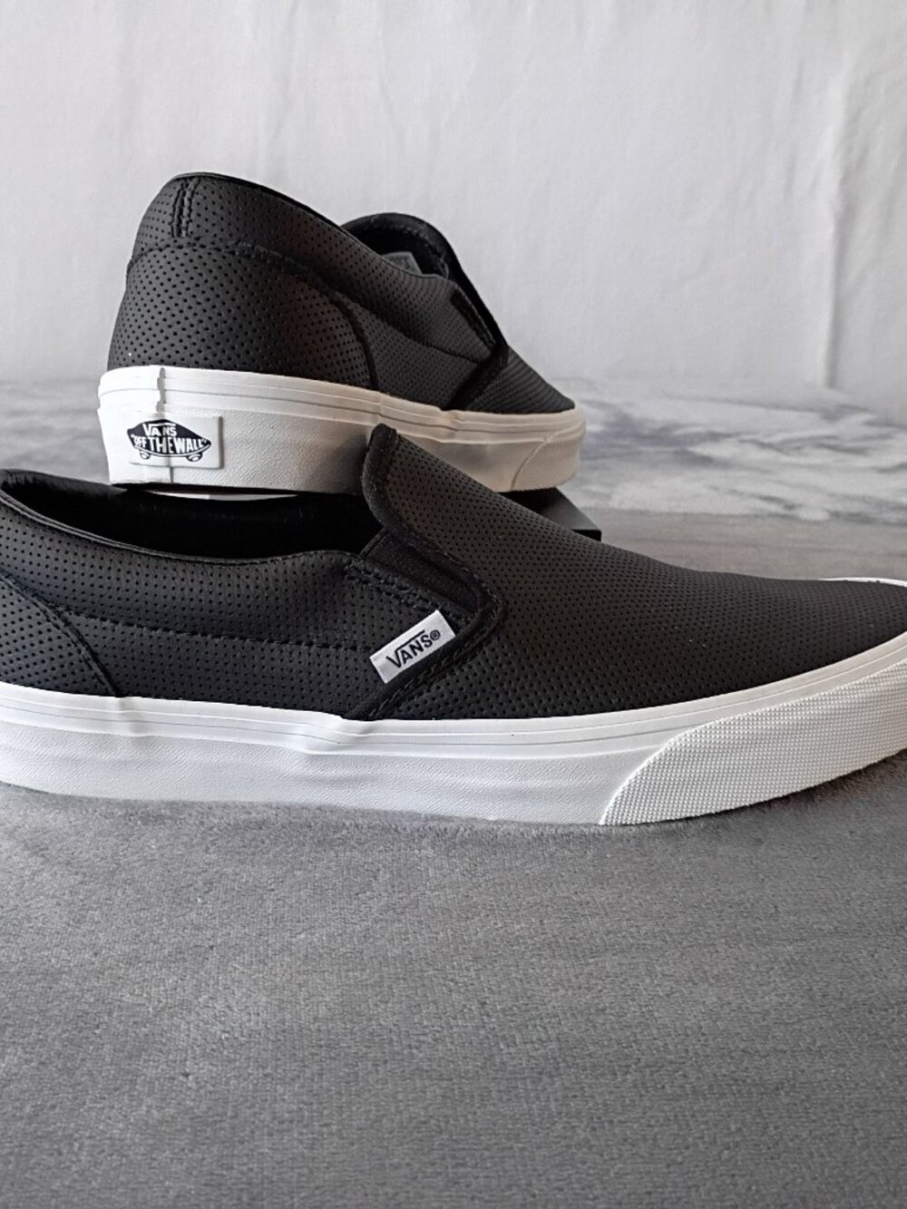 Vans Classic Slip-On Black Perforated Leather Sneakers White Gum Sole